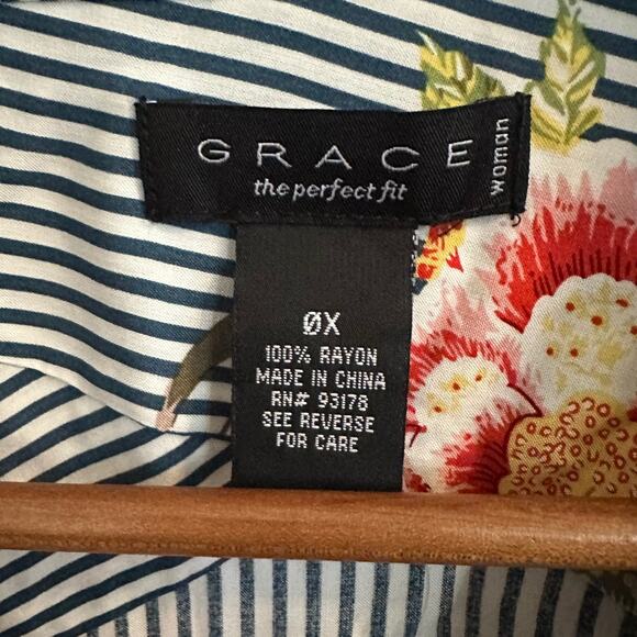 Grace Elements 0X Plus Floral Stripe Button Blouse Shirt Long Sleeve NWT - Picture 4 of 9
